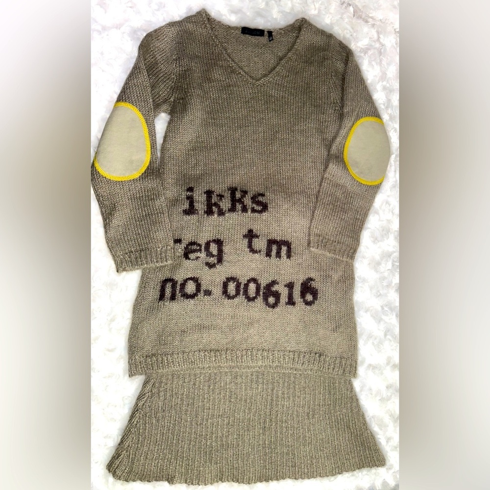 IKKS Girls Light Brown Elbow Patch V neck Knit Sweater & Skirt Set